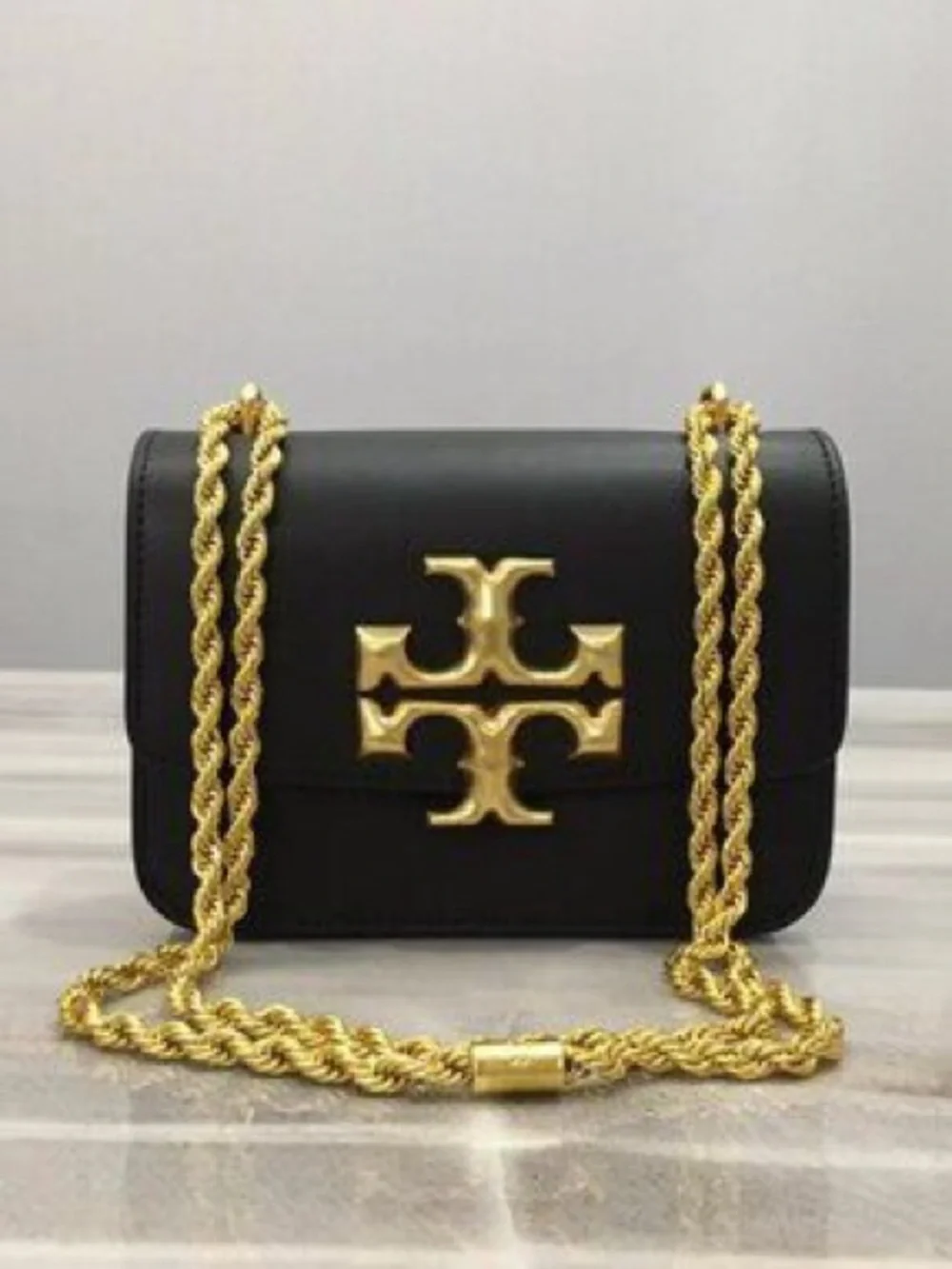 Tory Burch Black Leather Kira Shoulder Bag with Gold Logo